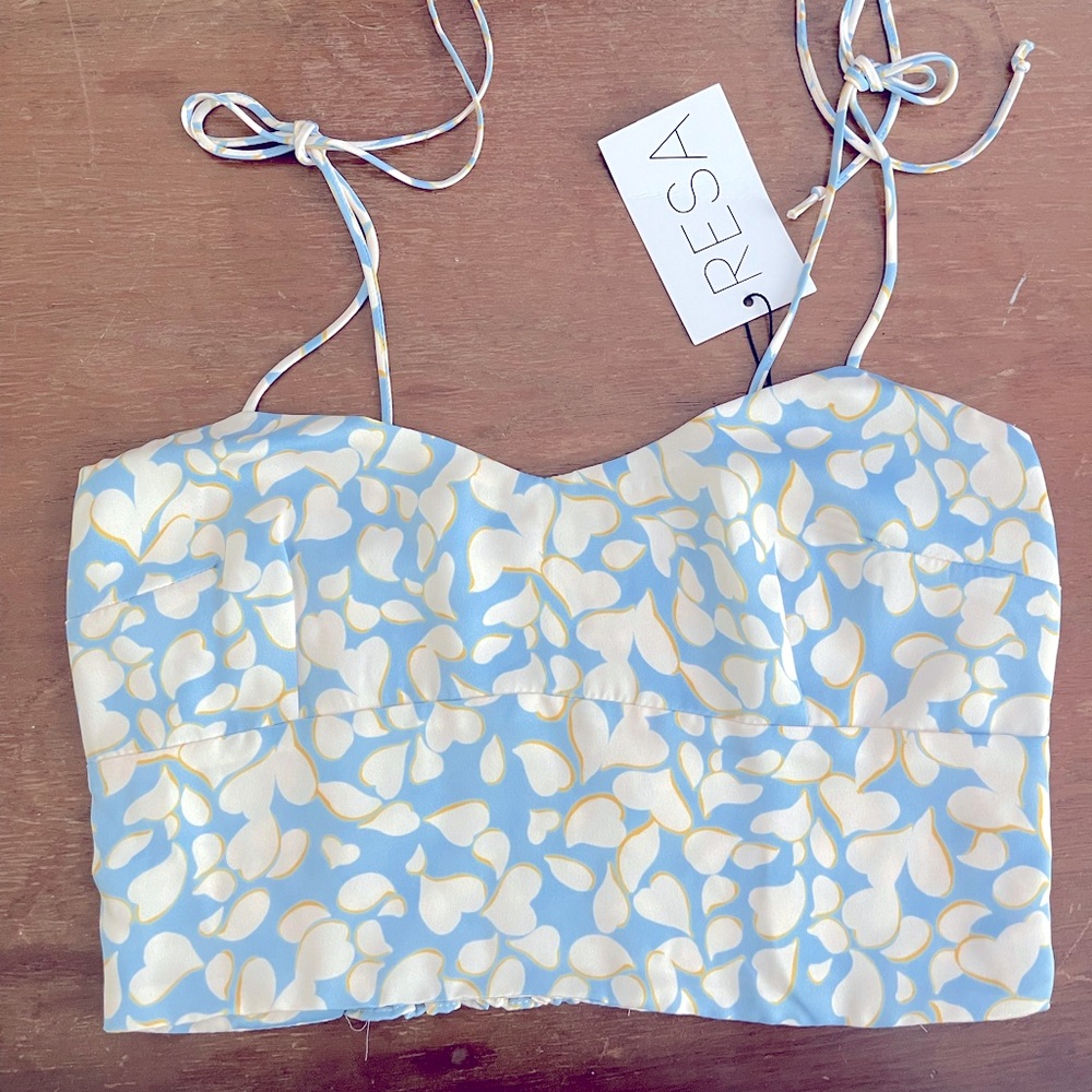 RESA Light Blue and White Floral Satin Crop Cami